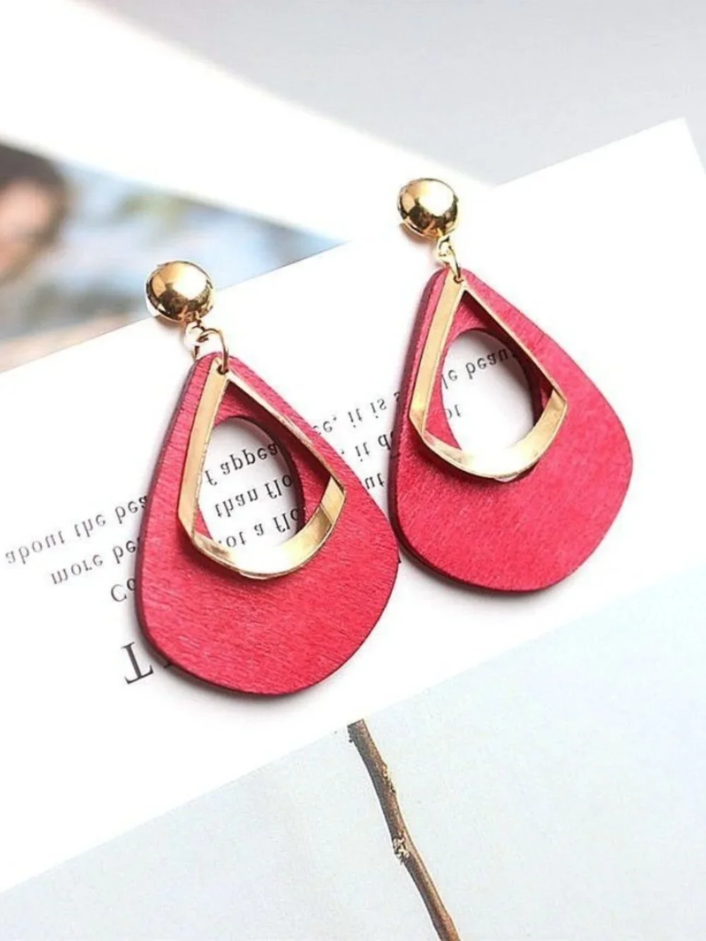 Kaylie Magenta Pink Press Cut Wood Gold Layer Teardrop Earrings Gift Packaged